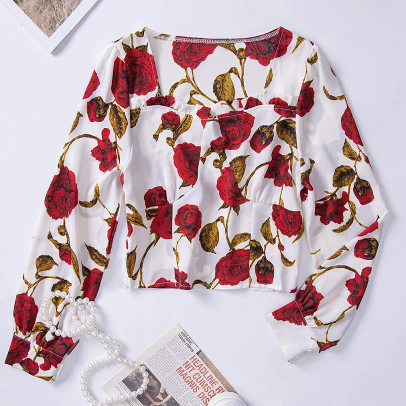 

2025 Spring and Summer New Geometric Collar Vintage Rose Print Slim Fit Women's Shirt JR160