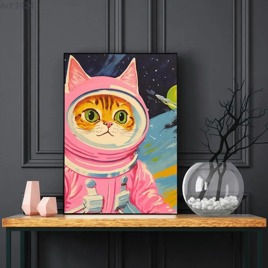 Cat Astronaut Poster, Funny Cat Canvas, Whimsical Cat In Space Wall Art, Cute Pink Cat Poster for Room Aesthetic, Colorful Ki