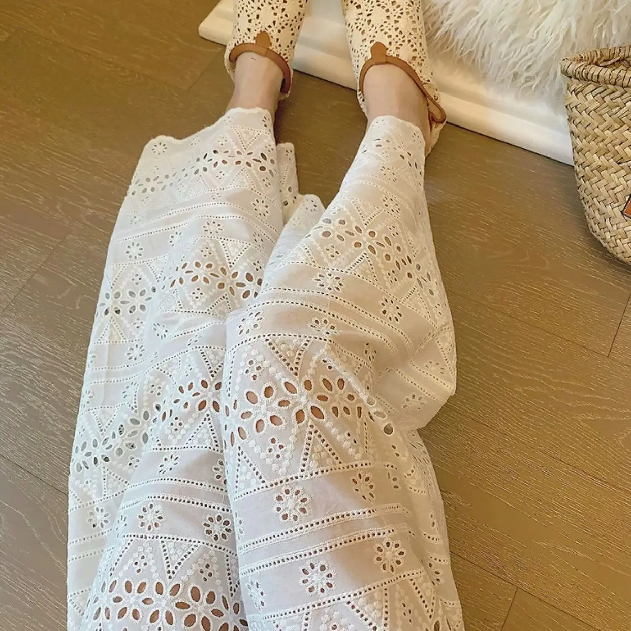 Hollow Lace Wide Leg Pants Fairy Vacation Style Thin High Waisted Straight Leg Pants Women Slim Casual Pants