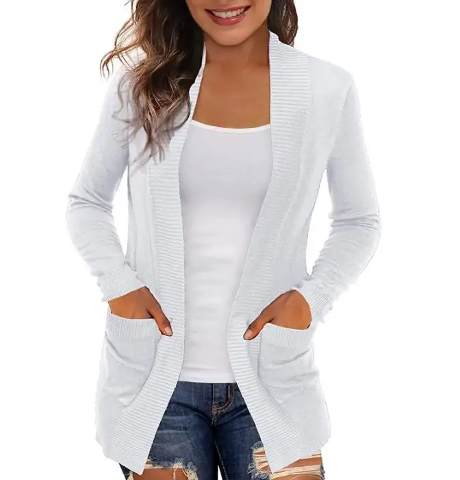 Jaket Rajutan Warna Solid Baru Musim Gugur dan Musim Dingin dengan Jaket Sweter Rajutan Terbuka Saku, Jaket Rajutan Longgar Kasual Wanita