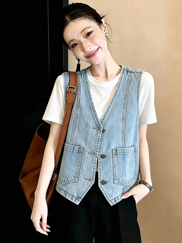 

Large Size Retro V-Neck Denim Vest Women's Summer New Casual Style Slimming Outerwear Sleeveless Top Commute Style Pure Color