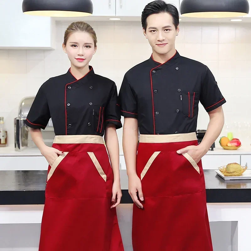 Uniforme de Chef, conjunto de verano de manga corta, ropa de trabajo de cocina para restaurante, Hotel, chaqueta fina transpirable para hombres y mujeres jóvenes, sombrero y delantal