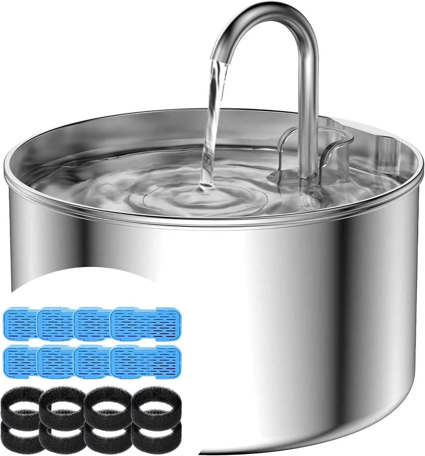 

Cat Water Fountain + 8 Filters + 8 Sponges, 304 Stainless Steel Pet Water Fountain, 24 Hours Keep The Water Clean, 74oz