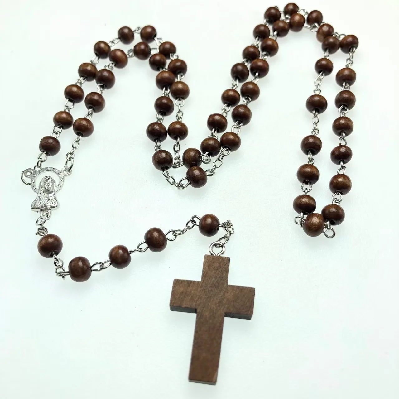 5pcs/pack brown Catholicism rosary zinc alloy centerpiece wood cross pendant Christian necklace oppbag packing