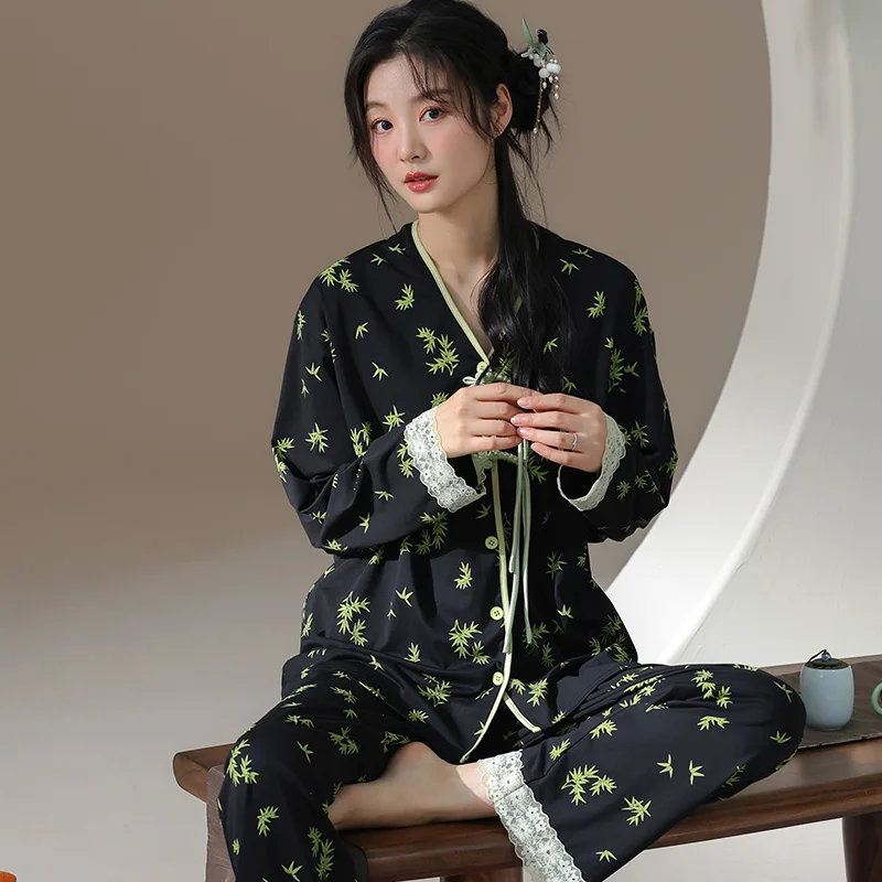 Autumn 100%Cotton Women's Pajamas Set Floral Women Sleepwear Long Sleeve Casual Soft Female Pyjamas Homewear