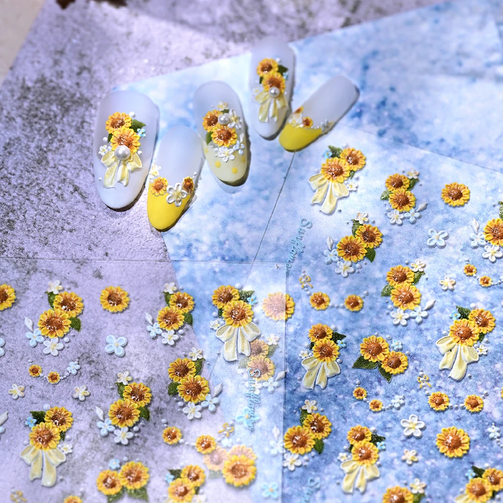 1Pc 5D Embossed Yellow Floral Nail Decals with Bowknot Daisy Sunflower Nail Art Stickers for Spring Summer Sweet Style Manicure*