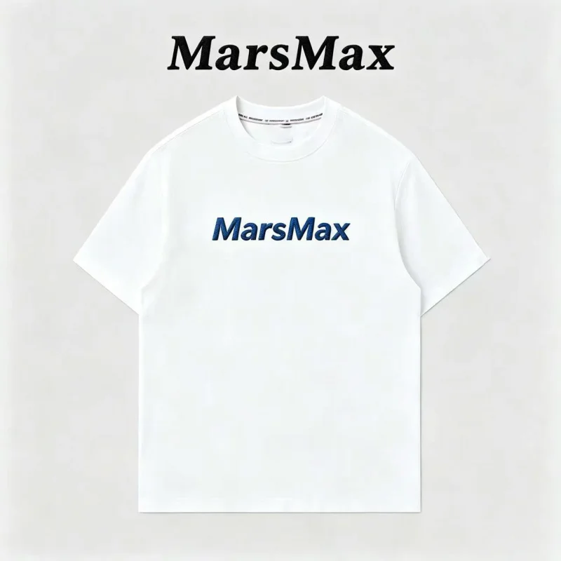 100% Pure Cotton Embroidery T-shirt Men MarsMax 3D Thick Stitch Letter Graphic Tee Oversized Heavyweight Soft White Basic Short