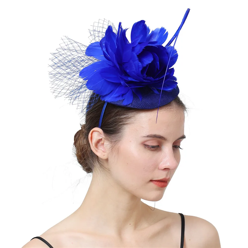 navy blue Vintage Fascinator headwear Flower Fedora Party Hat Hair Accessory headband for Wedding bride Race Cocktail Church