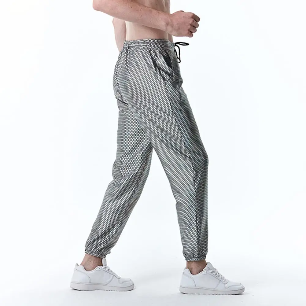 

Side Pocket Trousers Retro 70s Disco Men's Pants Elastic Waist Rhombus Bronzing Metallic Ankle Length Club Party Trousers