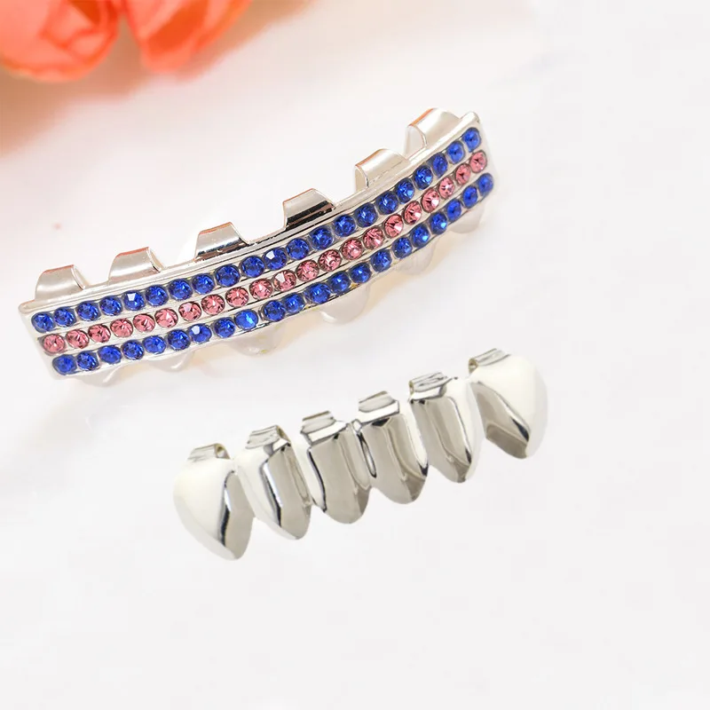 Hip Hop Dentes Grillz para Homens e Mulheres, Banhado a Prata, Zircão Brilhante, Tampas de Dente, Decoração Dentária, Jóias do corpo