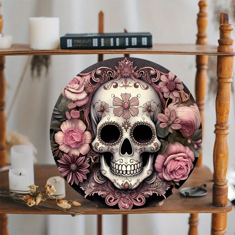 Dark Gray and Black Aluminum Metal Sign, Sugar Skull Wreath Attachment with Floral Pattern, Wall Art, Home Decor, 8x8Inch, 1Pc