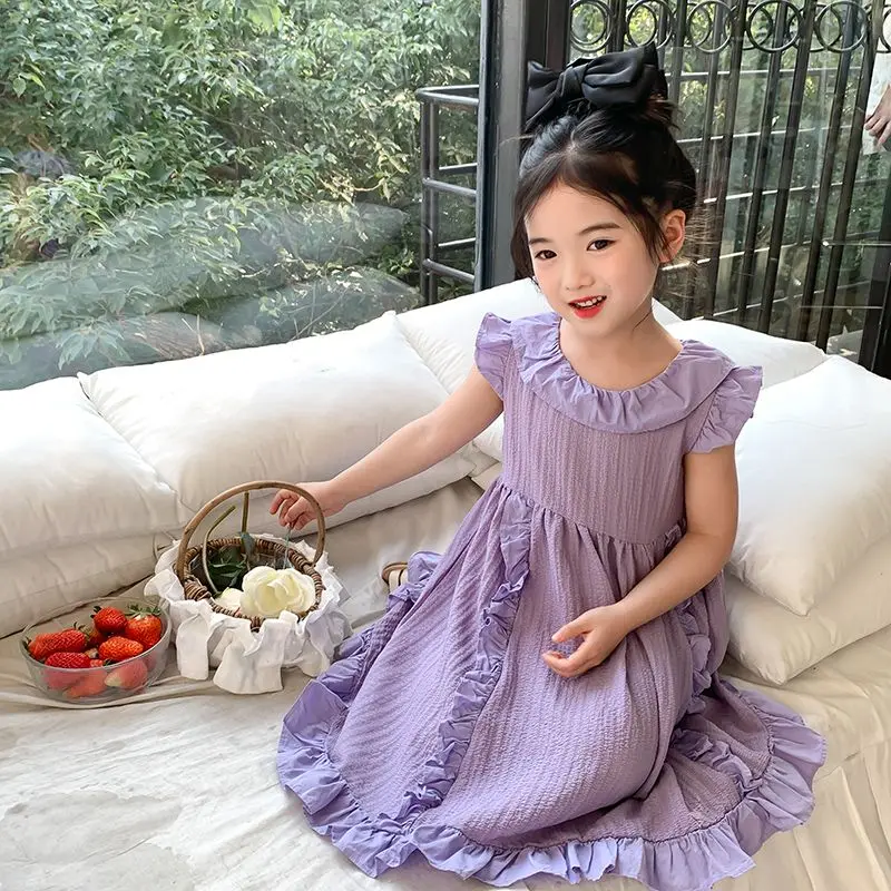 Girls Casual Dresses Solid Purple Sleeveless Dress with Lace Lapel Princess Dress for Girls 2 To 7 Years Kids Dresses for Girls