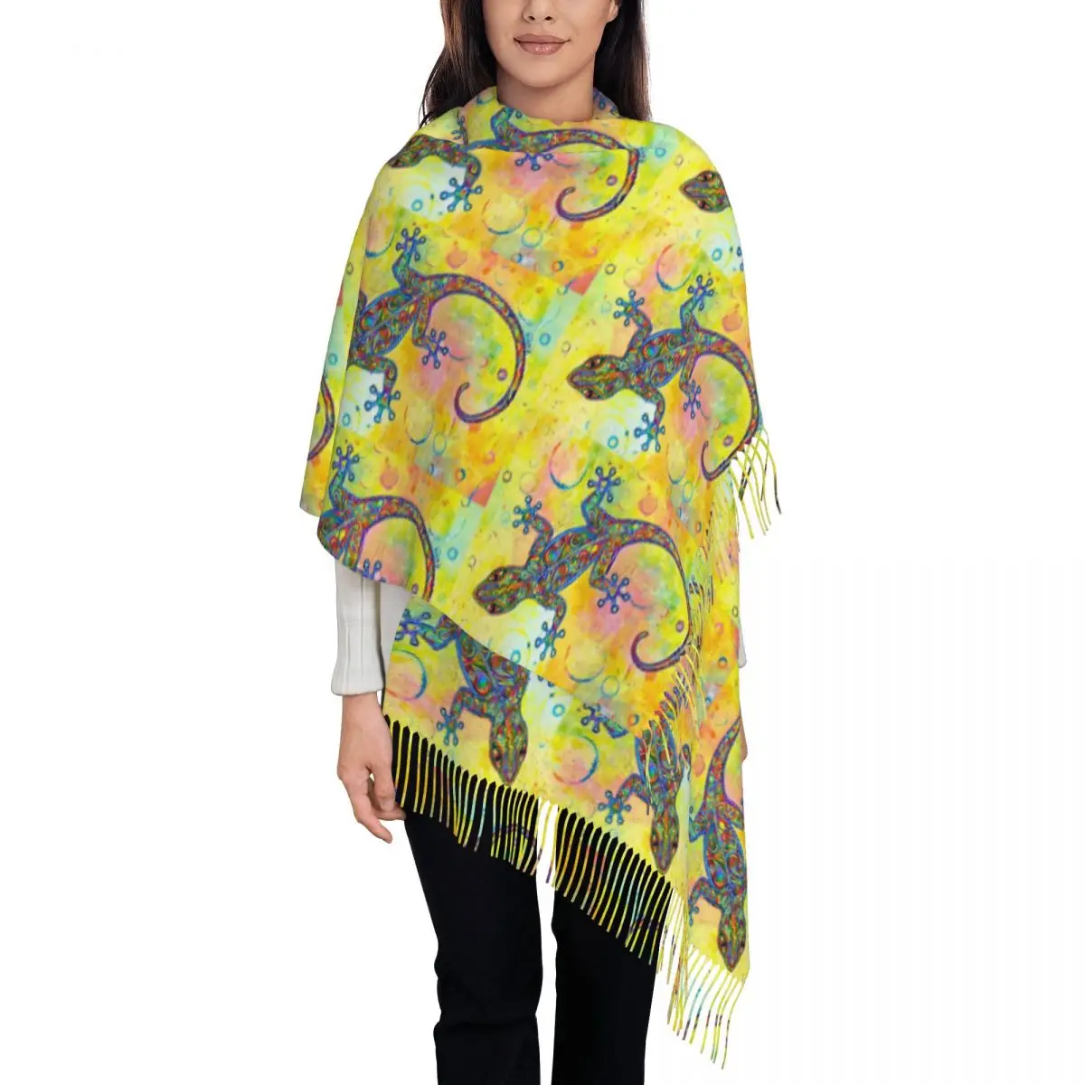 Ethnic Tribal Lizard Salamander Scarf Tassel Scarves Women Soft Warm Shawls and Wraps Long Fall Winter Shawl Wrap