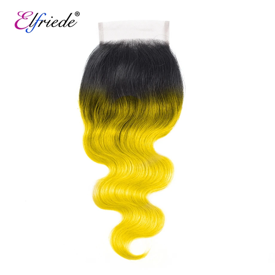 Elfriede Ombre 1B/Yellow Body Wave Hair Bundles with Closure Colored 100% Remy Human Hair Weaves 3 Bundles with Lace Closure 4x4