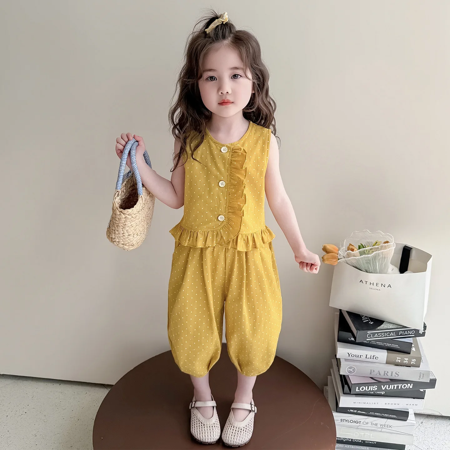 Girls' polka dot set summer 2026 new children's fashion lace vest baby thin two-piece set