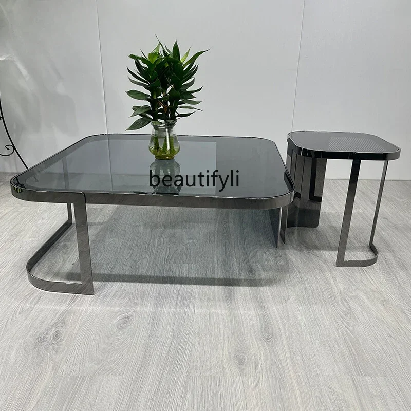 Modern Minimalist Italian Stainless Steel Light Luxury Coffee Table Glass Square Living Room Designer Personalized Tea Table