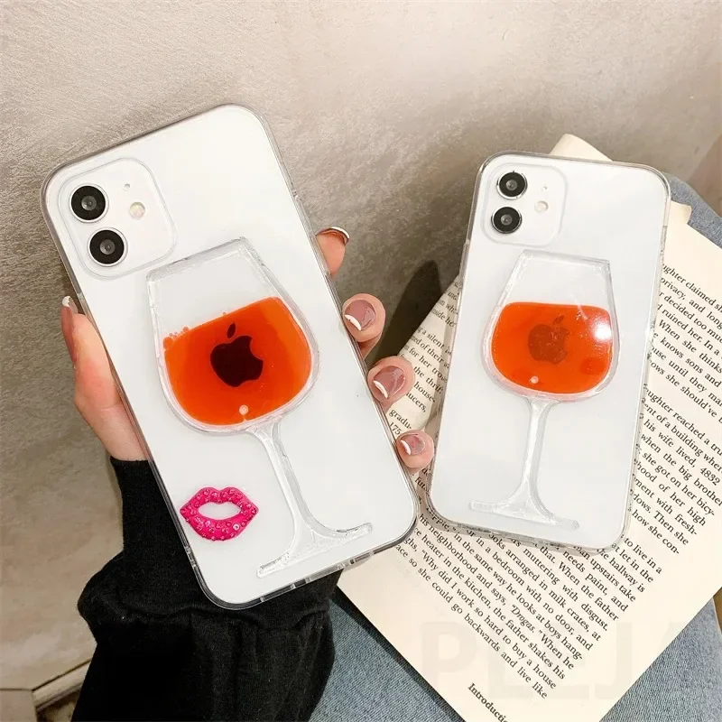 مضحك ثلاثية الأبعاد السائل النبيذ الأحمر الزجاج قضية الهاتف آيفون 15 14 12 11 13 برو ماكس زائد لطيف بريق الشفاه غطاء واضح
