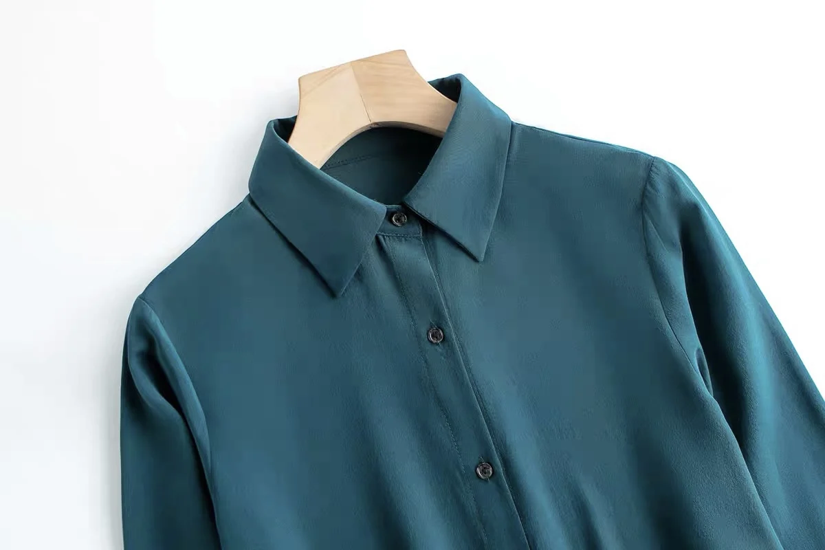 100% Mulberry Silk Women Long Sleeve Shirt Crepe Silk Turquoise Solid Color Blouse Top Office Work ZY001