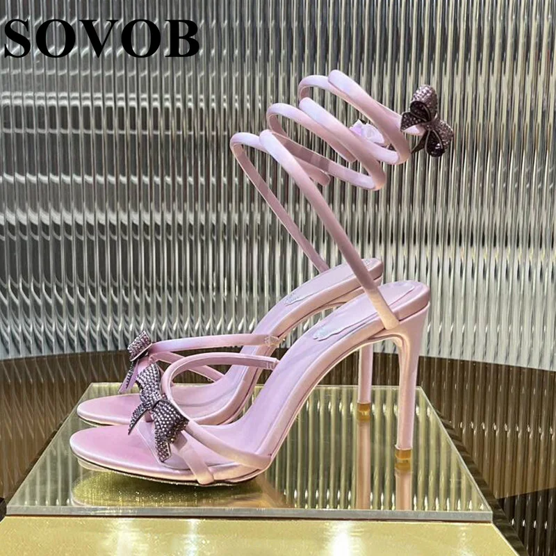 

Summer Genuine Leather Crystal Bow Decoration High Heels Women's Elastic Band Gladiator Elegant Sandals Banquet Dress Shoes