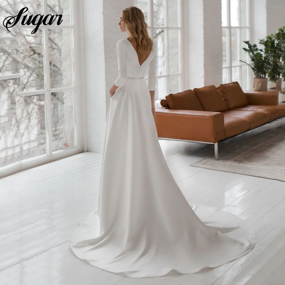 Robe de Mariée Trapèze Simple à Manches sulfpour Patients, Tenue de Cérémonie avec Ceinture à Perles, avec Poches