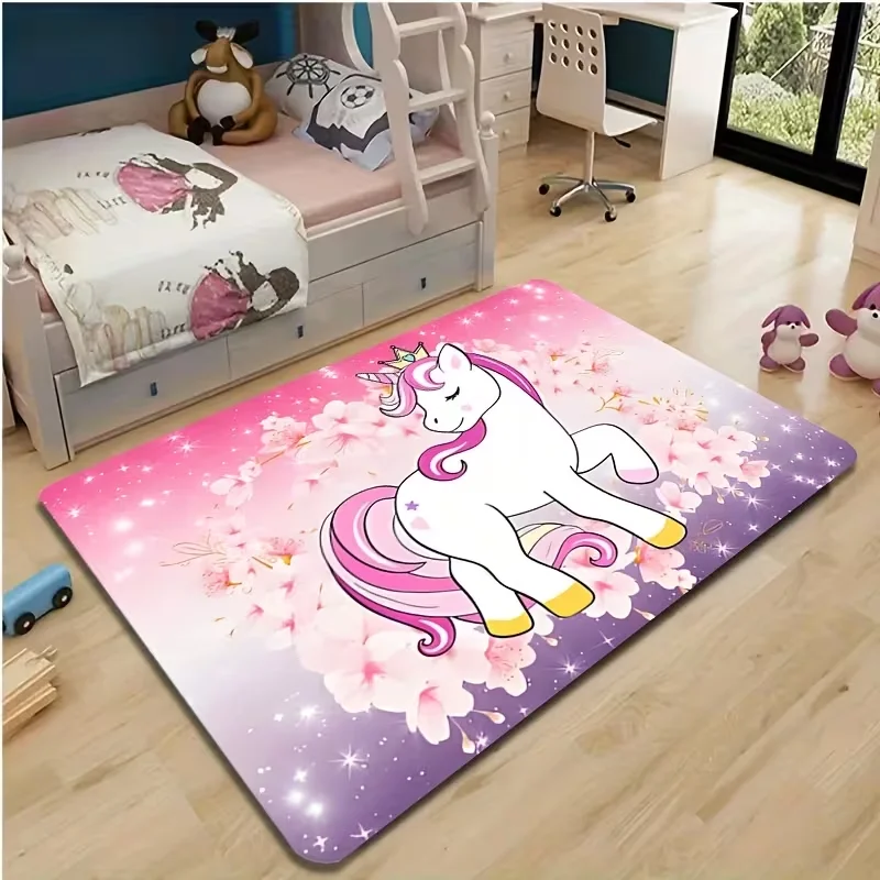 Whimsical Unicorn Oriental Cherry Print Area Rug Cartoon Star Pattern Rug Living Room carpet Girls' Bedroom Decorative Carpet