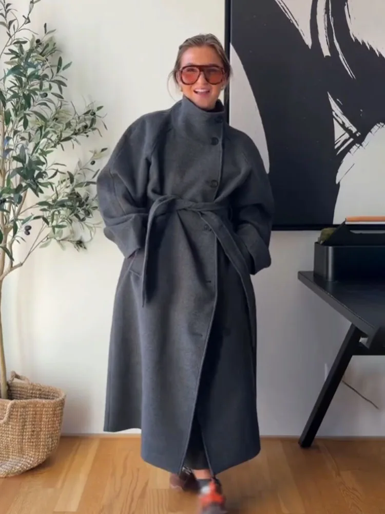 HH femmes hiver mode col montant ceinture solide Long manteau en laine femme haute rue décontracté simple boutonnage 2 couleurs vestes Mujer