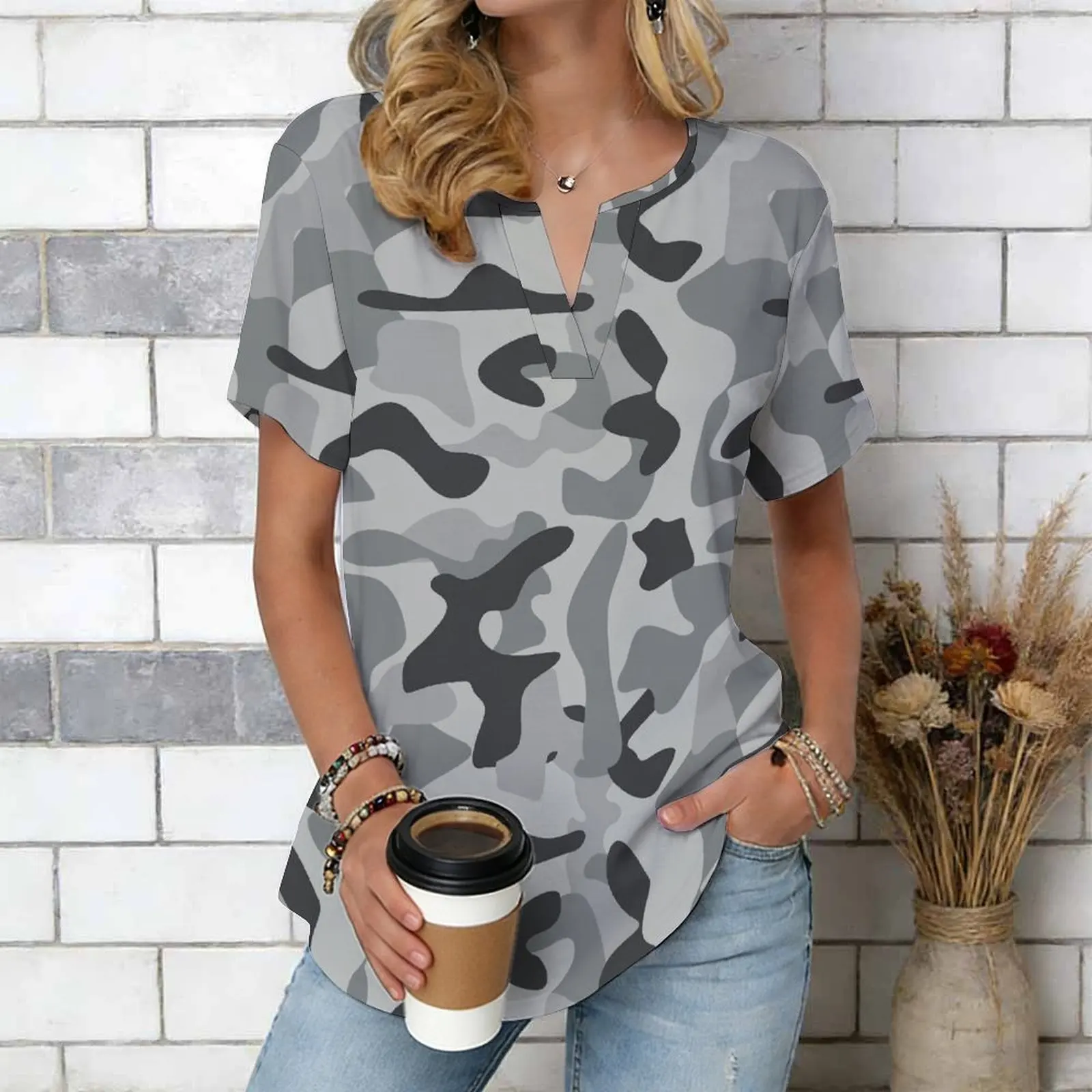 Women Print Notched V Neck Short Sleeve Casual Loose Tunic Tops