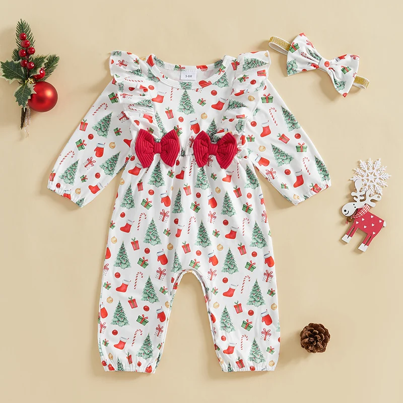 Newborn Baby Girl Christmas Outfit Long Sleeve Ruffle Elk/Xmas Tree Romper Smocked Bodysuit Jumpsuit Headband 0-18M