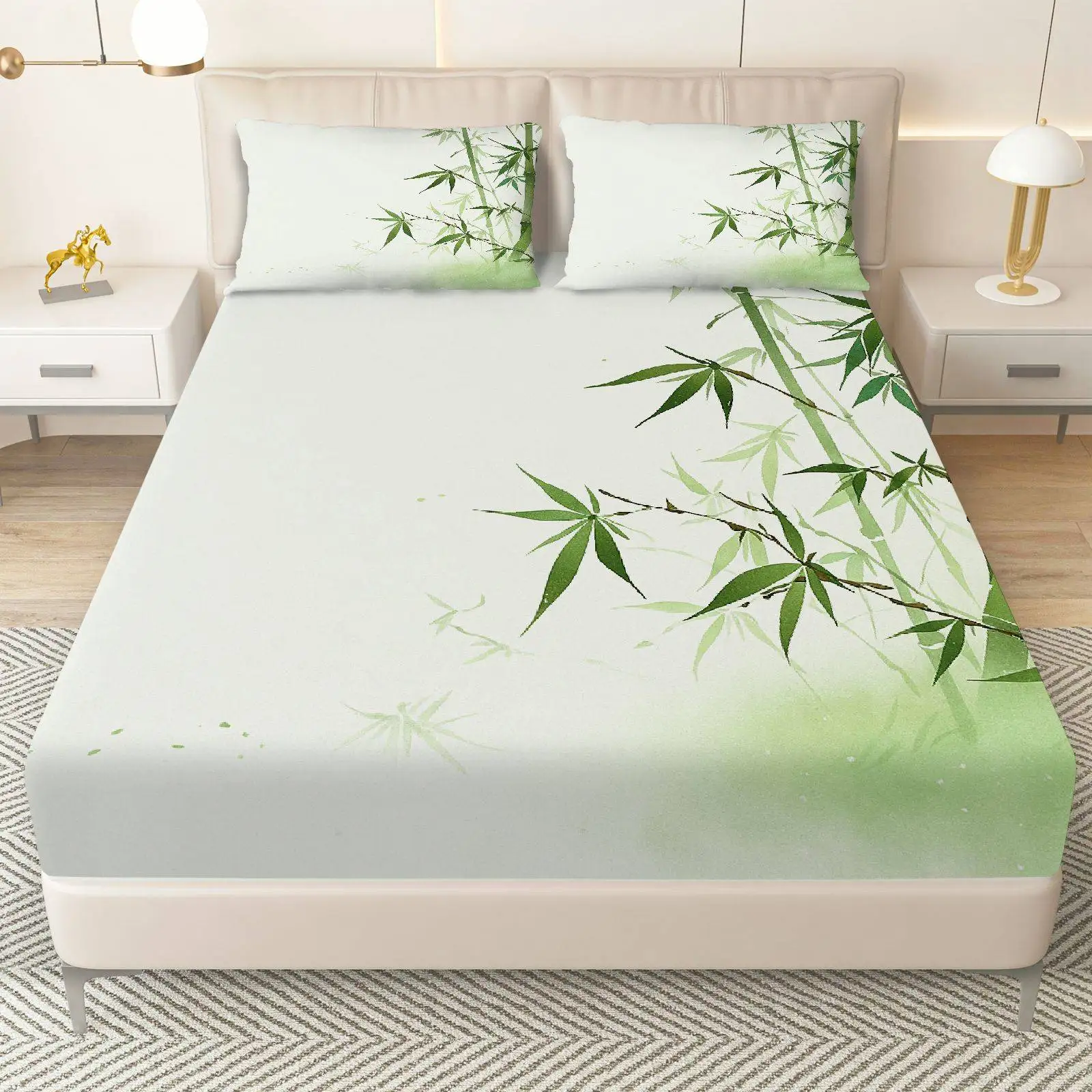 3-Piece Mattress Protector Set, 2D Flat Printed Fitted Sheet, Natural Green Fitted Sheet Set with Bamboo Pattern, Mattress Protector, Home Bedroom Decoration, Holiday-Themed Fitted Sheet and Pillowcase Set, Mattress Protector, Stain-Resistant, Suitable for All Seasons, Machine Washable, Easy to Care For, Universal for Home Bedrooms, Essential for Dorms and Rentals, Master Bedroom and Guest Room Decoration, Dust-Proof and Stain-Resistant, High Elasticity, Fits Various Sizes