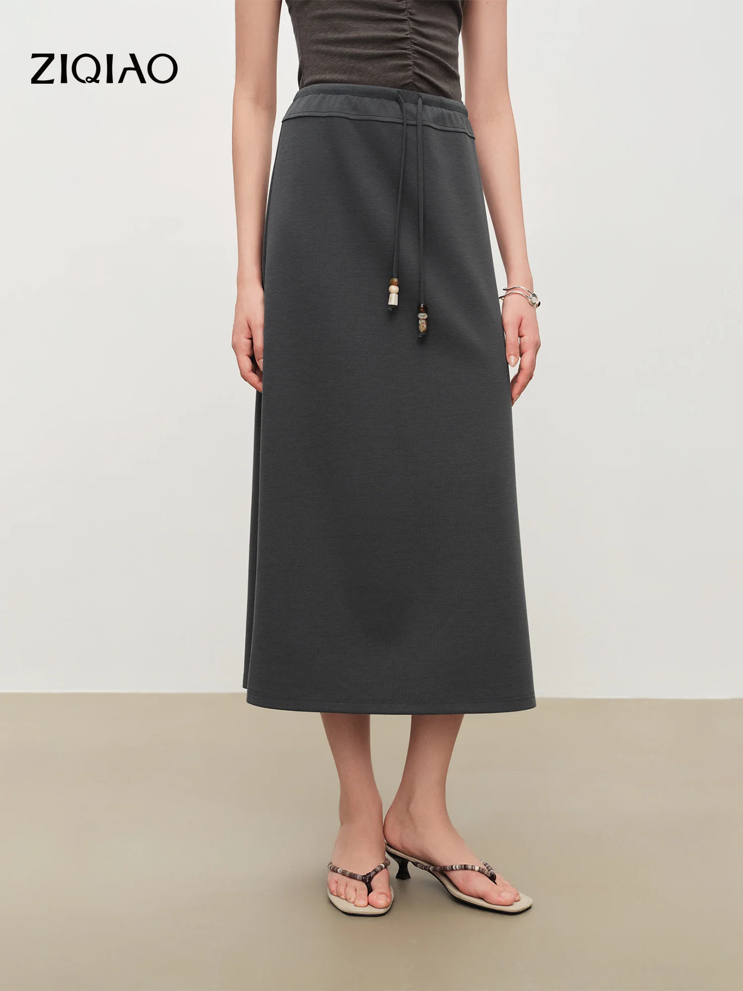 ZIQIAO Women's 2026 Summer New Arrival Minimalist Style Gray H‑Shape Beaded Drawstring Straight Mid-length Lyocell Fiber Skirt