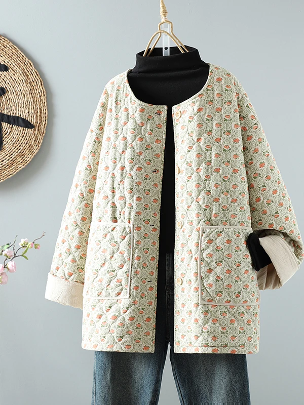 Macio floral impressão solta ajuste redondo ne feminino algodão jaet doce suave sle longo sve casacos térmicos para plus size