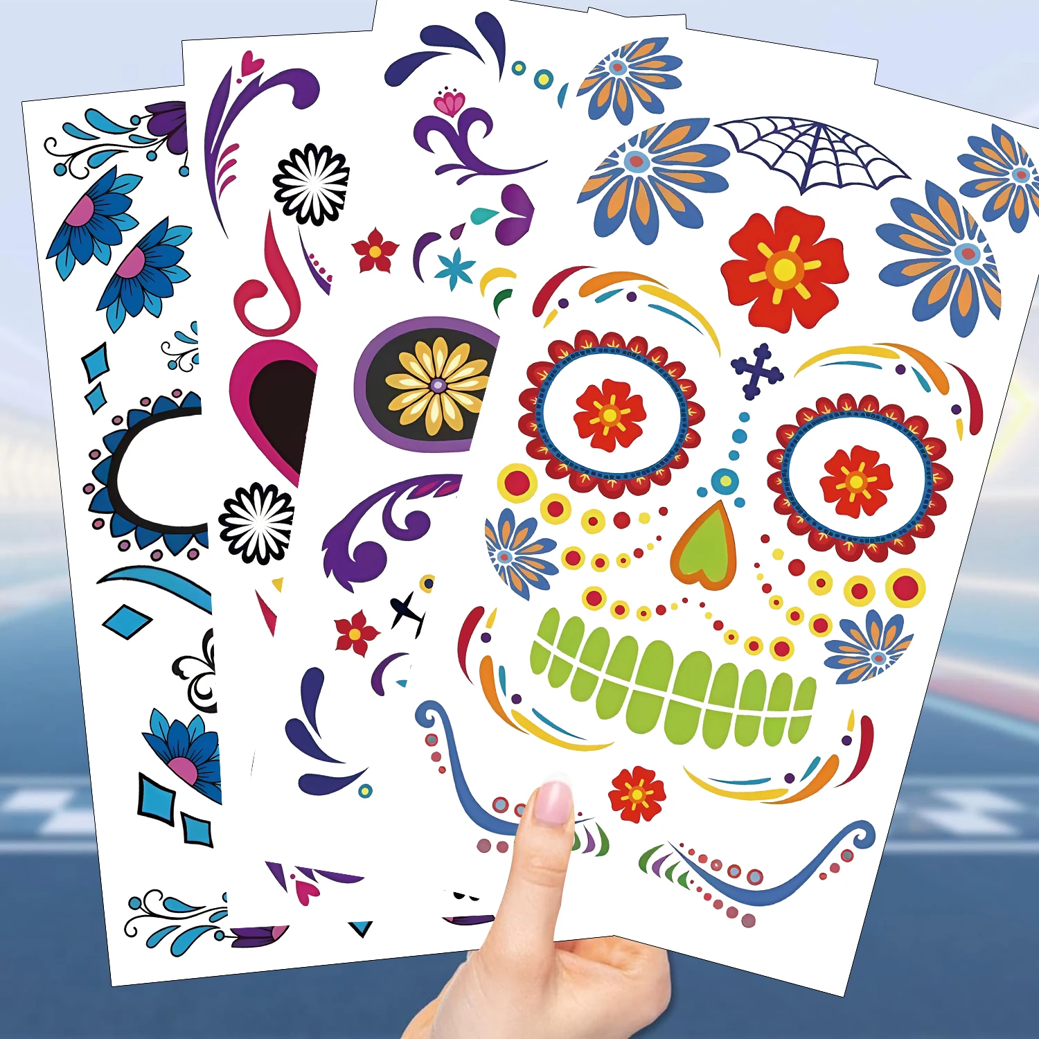 10PCS Waterproof Day of The Dead Skull Face tattoo Temporary Tattoo Stickers Pop Halloween Facial makeup Body Art