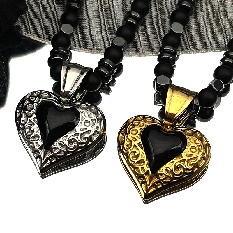 

Vintage Heart Black Glass Stone Pendant Necklace for Women Men Stainless Steel Gold Color Natural Hematite Beaded Chain Jewelry