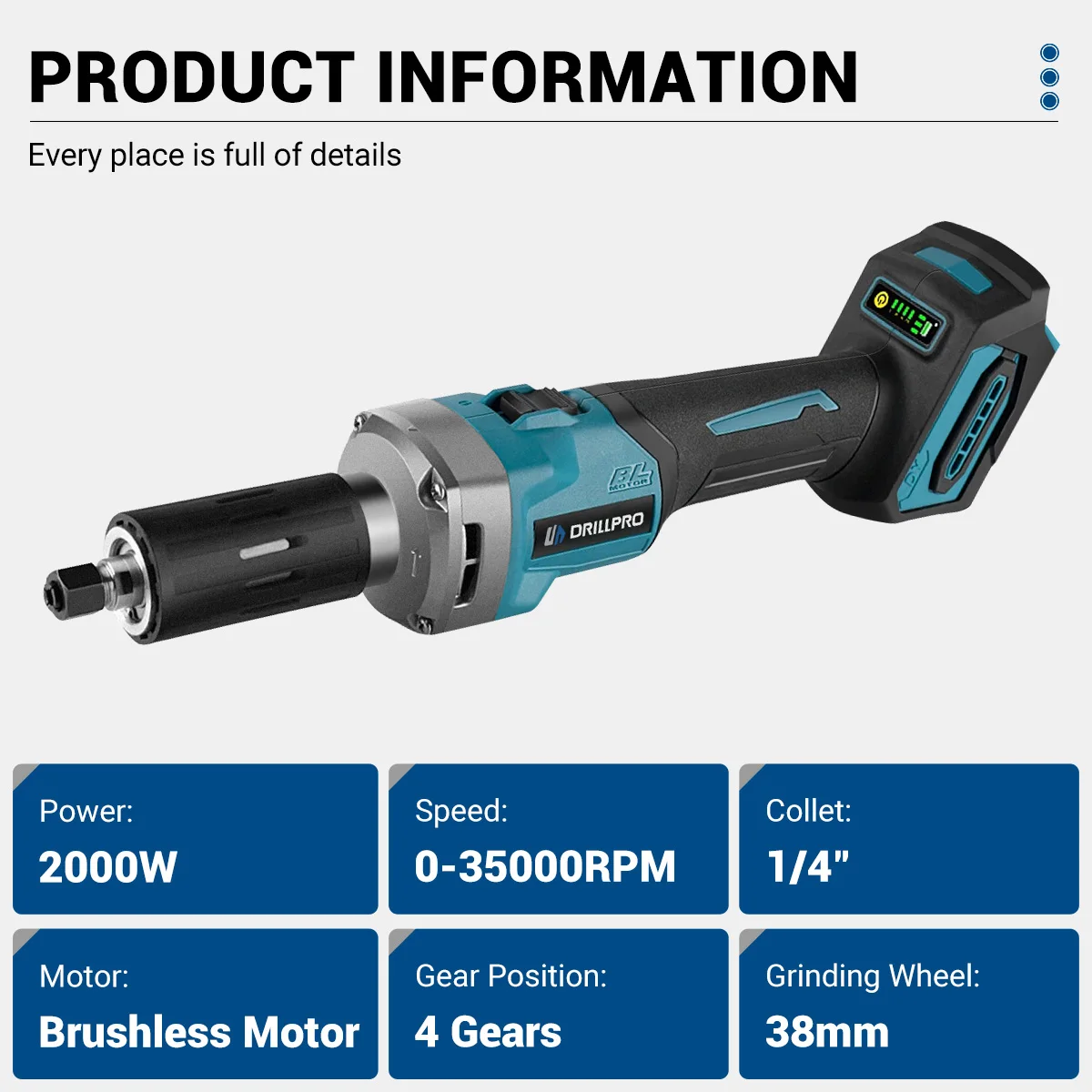Drillpro 1/4inch Collet Brushless Die Grinder 6mm Electric Cordless 4 Gear Variable Speed Grinding Power Tool For Makita Battery