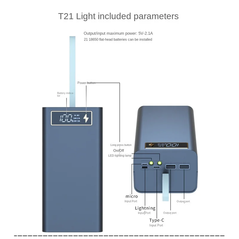 Caja de almacenamiento de batería 21X18650, luz LED PD, carga rápida QC3.0, batería 18650, carcasa para banco de energía, carcasa de 15W, carga inalámbrica A