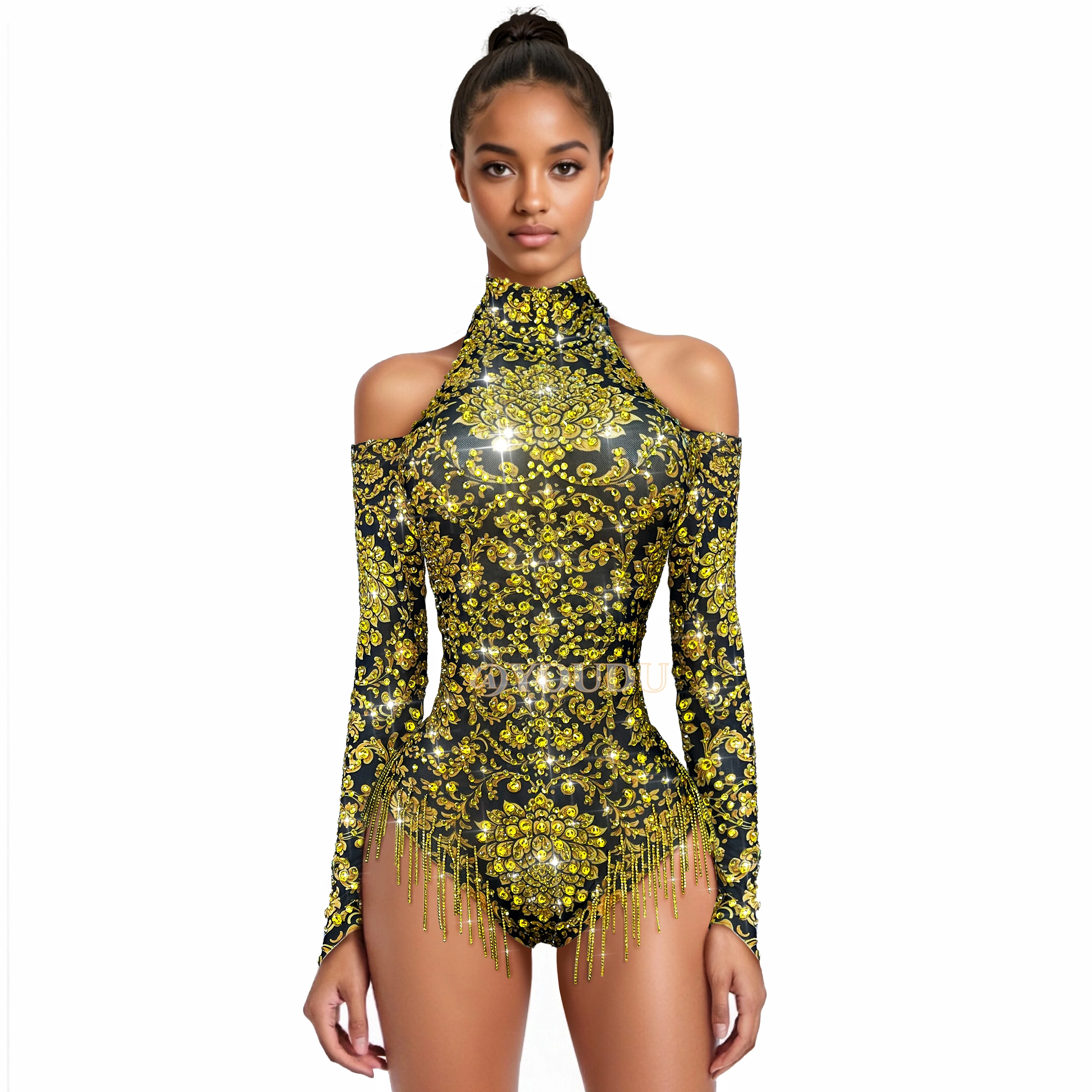 

Luxury Gold Rhinestones Crystals chains Off-shoulder Bodysuit Women Party Fashion Show Dance Stage Performance Outfit Jinhuaxu