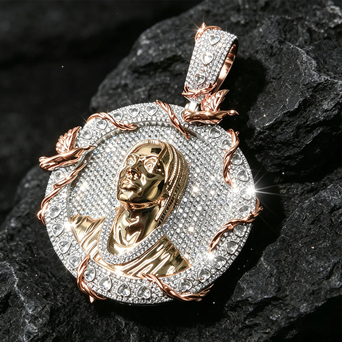 18K Gold Cubic Zirconia Hip Hop Charm Iced Out Custom 3D Portrait Medallion Pendant Two‑Tone Electroplated Men Paved CZ Stones Sculpted Human‑Face Charm Round Bling Medallion With Vine Bird Heart‑Cut Zircon Inlay Luxury Rapper Streetwear Jewelry