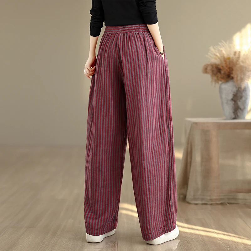 Calças Largas tradas de Cintura Alta Retro com Cordão e Cintura Elástica Estilo Artístico para Primavera Verão Outono