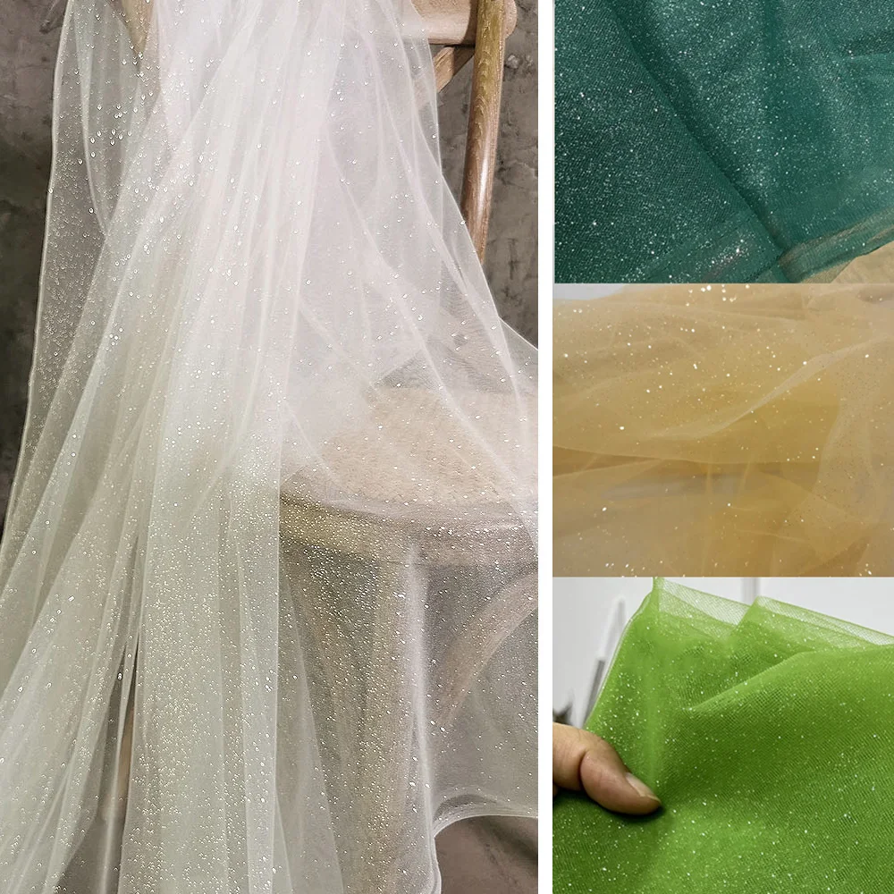 Silver glitter mesh tulle fabric White green black color Wedding dress, evening dress accessories Costume fabric Decorative