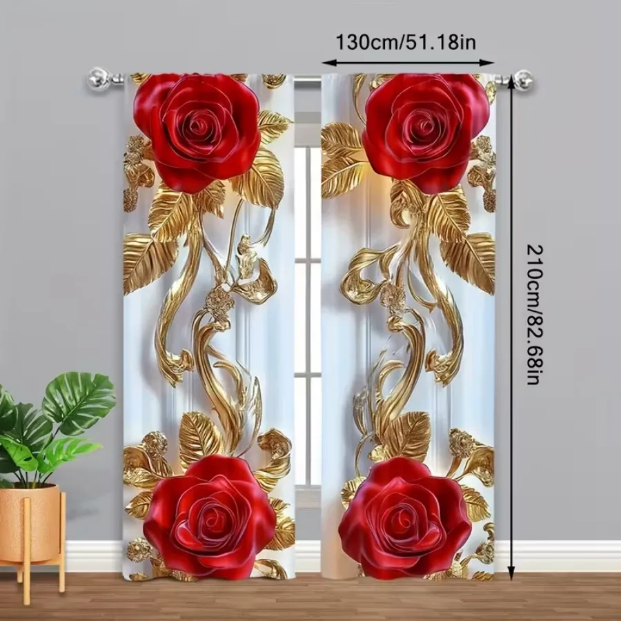 2 PCS Gold Leaf Rose Curtains, Luxury Gorgeous Style Window Drapes for Living Room Bedroom Home Decor Polyester Rod Pocket