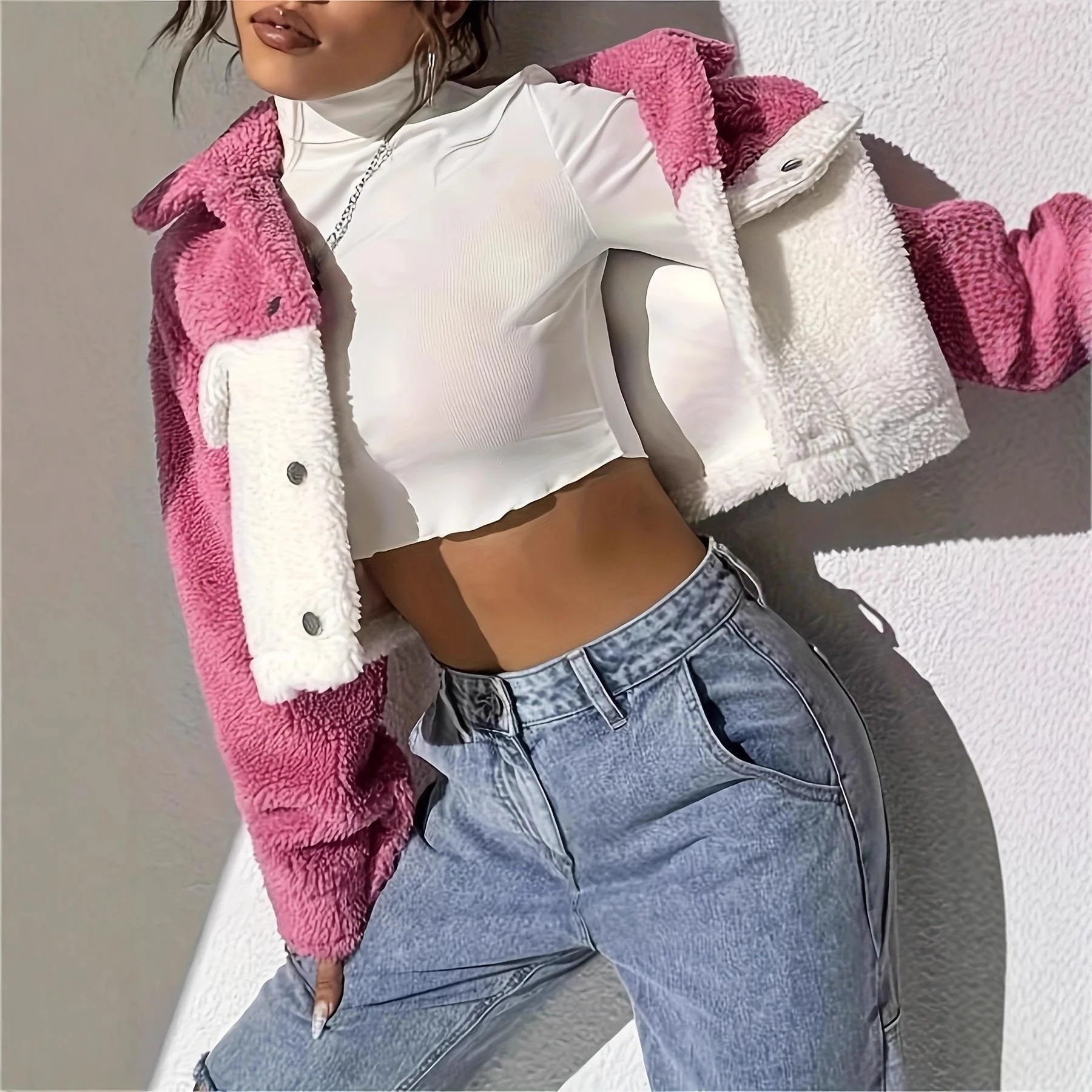 

Women's Casual Patchwork Cosite Plu Open Cardigan Collar Jaet Thi Long Sve ort Length PU Material Winter Coat