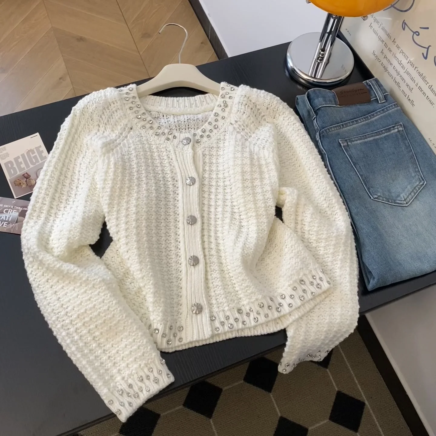

Женский вязаный кардиган белого цвета, свитер в стиле Харадзюку, винтажный свитер 2000-х годов Y2k с длинными рукавами, роскошный кашемировый свитер, верхняя одежда, осень 2025 г.