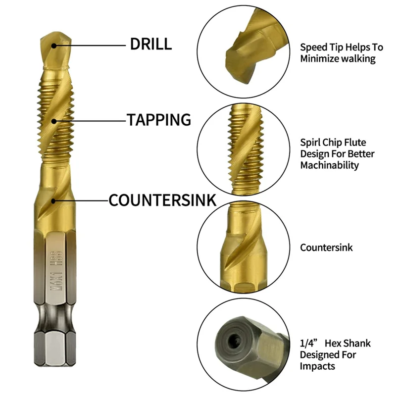 

AA21-14Pcs 1/4Inch Hex Shank Titanium Combination Drill And Tap Set Metric Thread HSS M3-M10 Screw Tapping Bit Tool