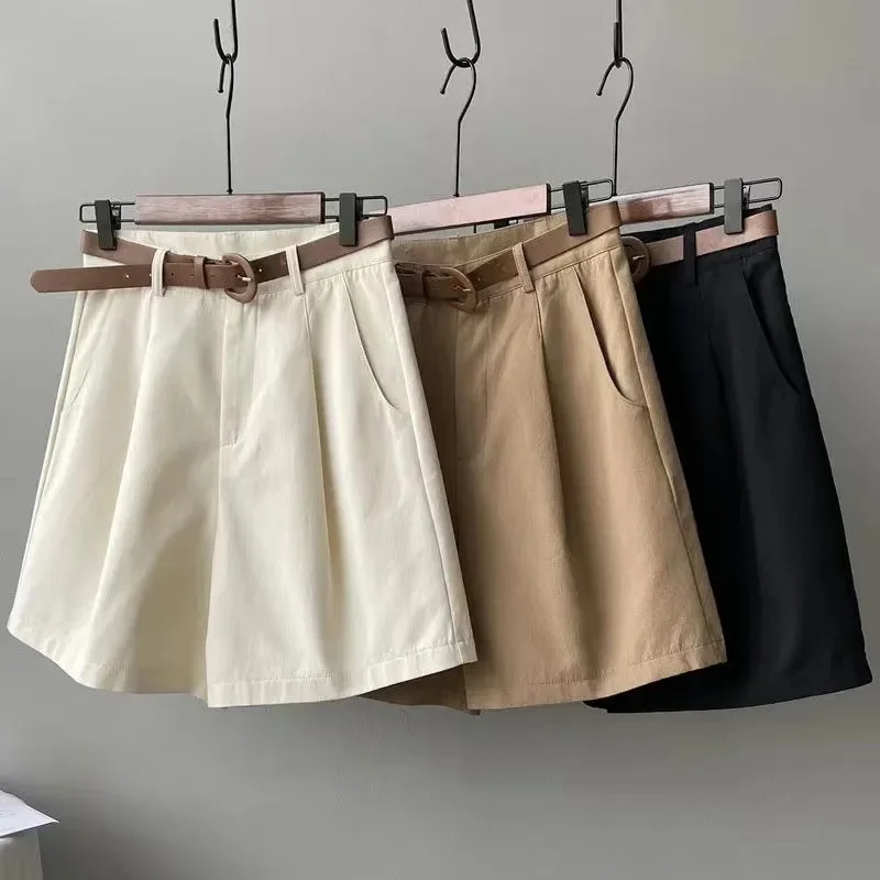 Verão perna larga shorts feminino escritório cintura alta terno shorts bege oversize solto botão sólido clássico casual shorts com cinto novo