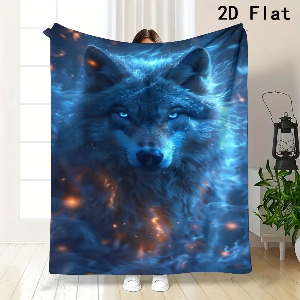 Mystical Blue Glowing Wolf Print Throw Blanket Cozy Fluffy Plush Home Decor Lap Throw Couch Blanket Gift for Forest Lovers