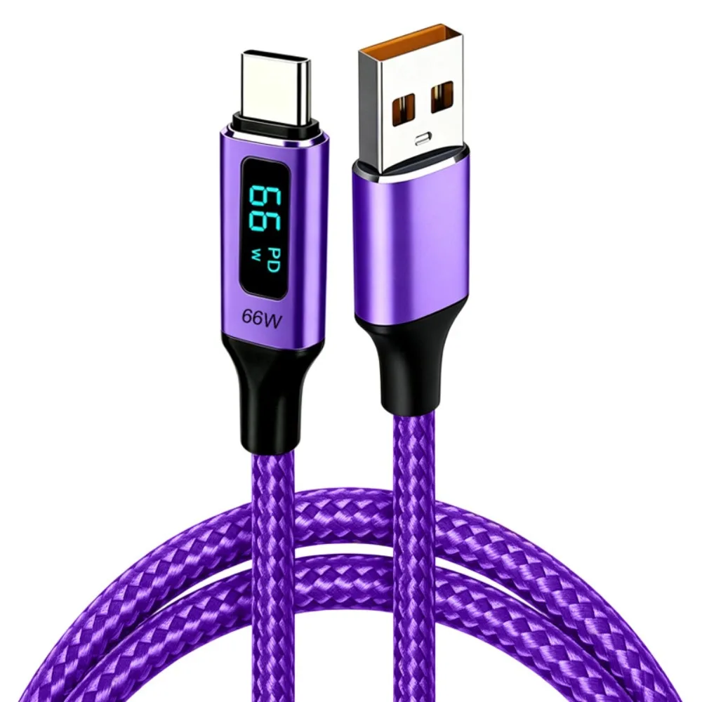66W USB-A to USB-C Cable Nylon Braided Real-Time Display Braided Charging Line Data Transfer 3A Fast Charging Data Cable