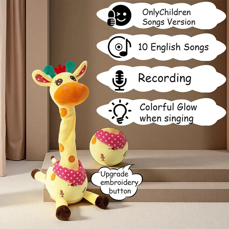 Volume ajustável simulação de voz música girafa brinquedo cantando dança repetindo o que você disse dançando girafa piscando luzes led
