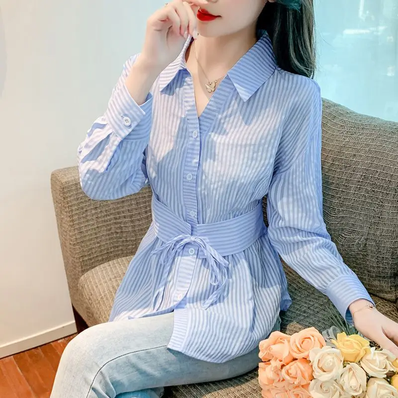 Spring Autumn New Fashion Striped Shirts Women's Clothing POLO Collar Long Sleeve Dovetail Slim Korean Lacing Simplicity Tops