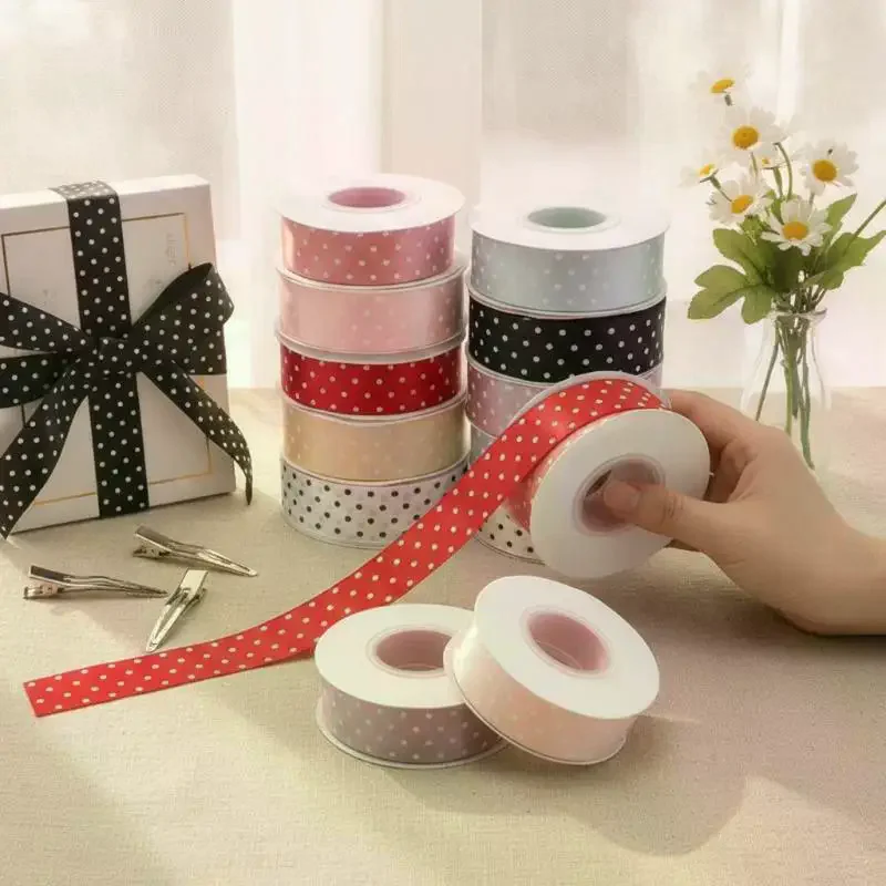 25mm Polka Dot Satin Ribbon 25 Yards/Lot Smooth Printed DIY Craft Material for Home Curtain Decor Photo Frame Trim