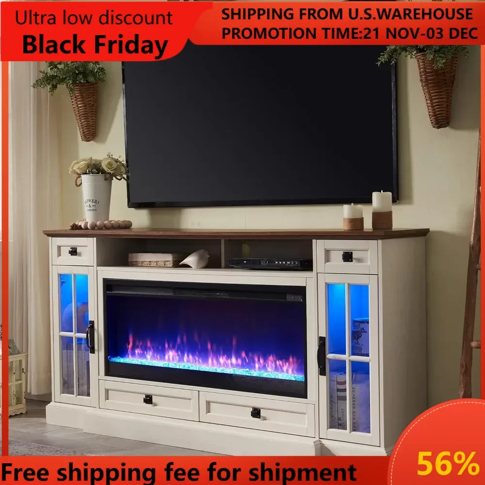 Fireplace TV Stand for 80 Inch TV, Farmhouse Entertainment Center with 42